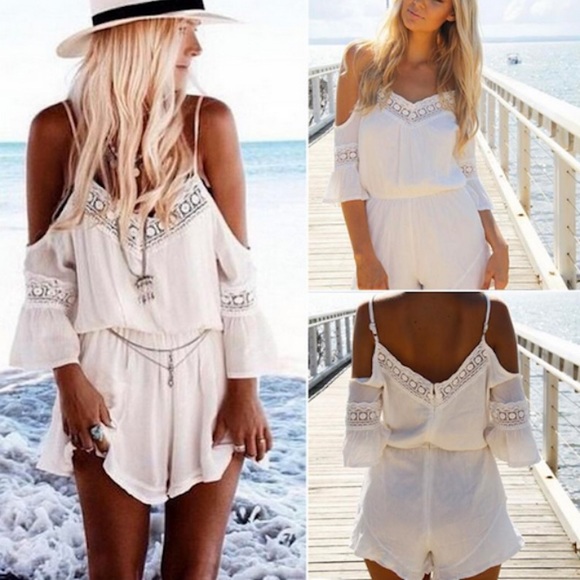 Pants - White Lace Crochet Romper Boho Shorts Jumpsuit